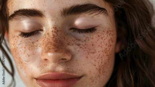 Close up aesthetic beauty half face portrait of Latin girl isolated on white background. Young adult pretty brunette Hispanic woman model with freckles eyes closed. Skincare cosmetic, skin care.