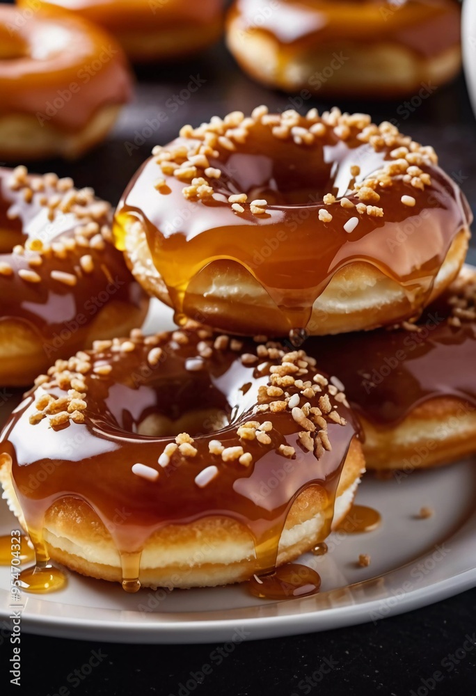 A stack of honey glazed donuts with a glossy caramel coating, adorned with crunchy toppings, inviting you to indulge in a sweet treat. These donuts are ideal for any dessert lover. Generative AI A stack of honey glazed donuts with a glossy caramel coating, adorned with crunchy toppings, inviting you to indulge in a sweet treat. These donuts are ideal for any dessert lover. Generative AI