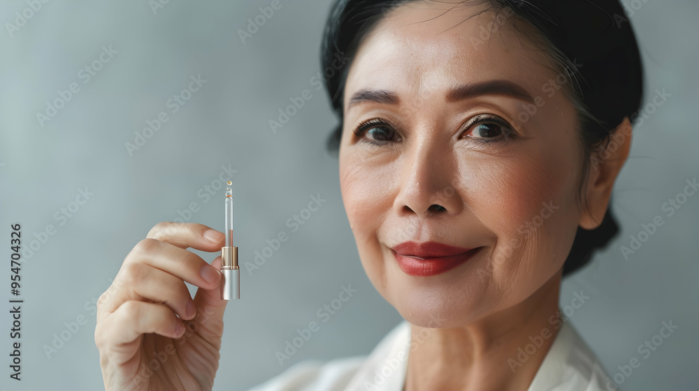 Closeup cut portrait of senior mature older Asian woman putting drop of antiaging pipette serum essence oil on finger hand. Anti wrinkle prevention skin care products concept. Closeup cut portrait of senior mature older Asian woman putting drop of antiaging pipette serum essence oil on finger hand. Anti wrinkle prevention skin care products concept.