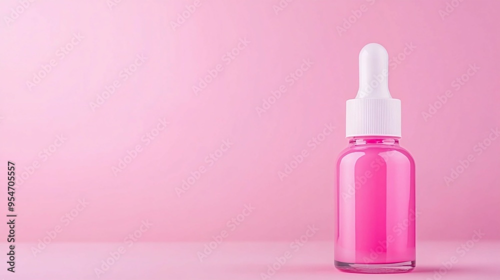 horizontal image, front view, bottle of serum on isolated pink background. Skin care concept. For banner, design, mockup, layout, template, promo, clinic, linkedin, blog, social media horizontal image, front view, bottle of serum on isolated pink background. Skin care concept. For banner, design, mockup, layout, template, promo, clinic, linkedin, blog, social media