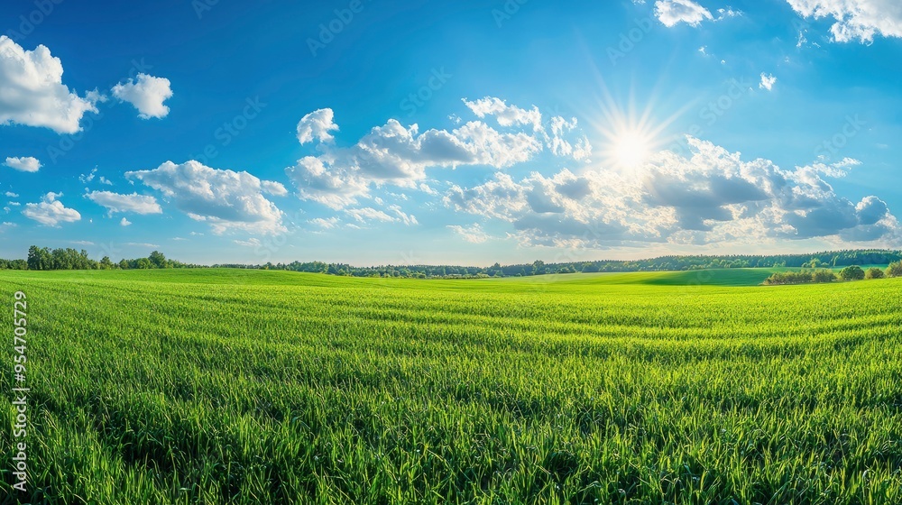 Beautiful natural scenic panorama green field of cut grass into and blue sky with clouds on horizon. Perfect green lawn on summer sunny day with generative ai Beautiful natural scenic panorama green field of cut grass into and blue sky with clouds on horizon. Perfect green lawn on summer sunny day with generative ai