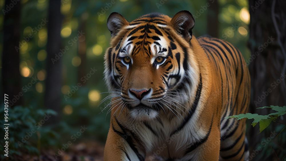 Fototapeta premium A powerful Bengal tiger prowls through a dense, green forest, its intense gaze fixed forward