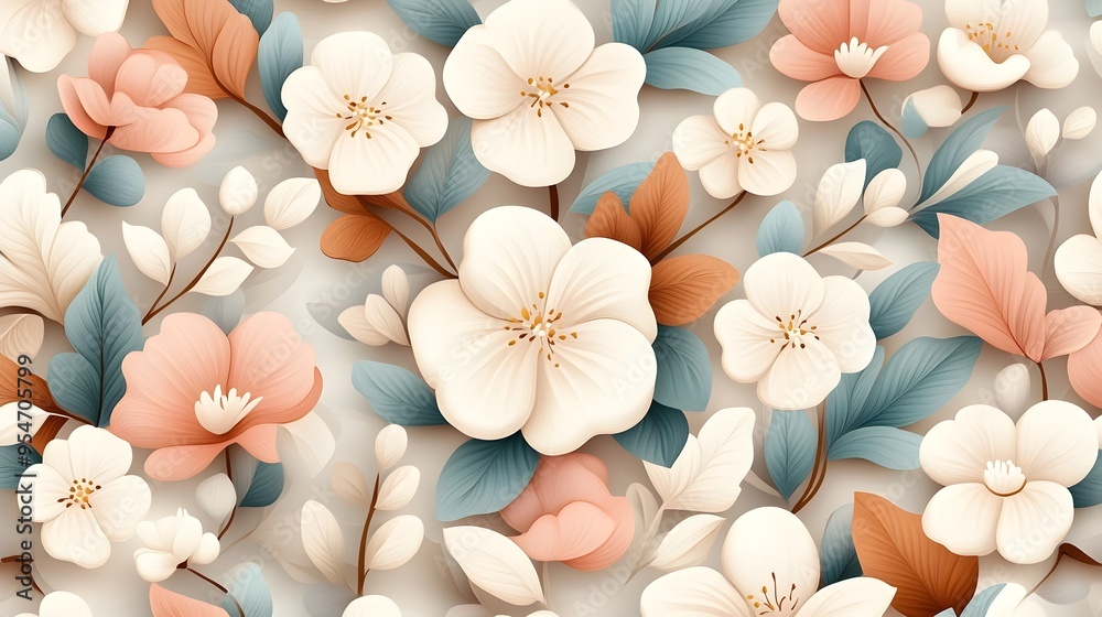 Obraz premium Retro-Style Floral Pattern with Faded Classic Colors and Intricate Botanical Details