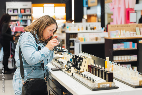 Woman smelling perfume in duty free cosmetics store at the airport photo