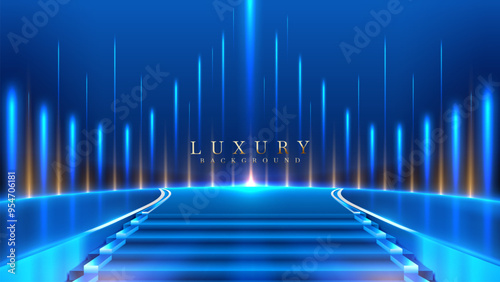 Empty stairs podium sky blue on blue background with neon effects with light beam decorations on back. Luxury scene design concept.
