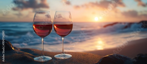 Wine glasses at sunset on a...