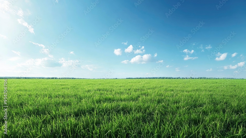 Beautiful natural scenic panorama green field of cut grass into and blue sky with clouds on horizon. Perfect green lawn on summer sunny day with generative ai Beautiful natural scenic panorama green field of cut grass into and blue sky with clouds on horizon. Perfect green lawn on summer sunny day with generative ai
