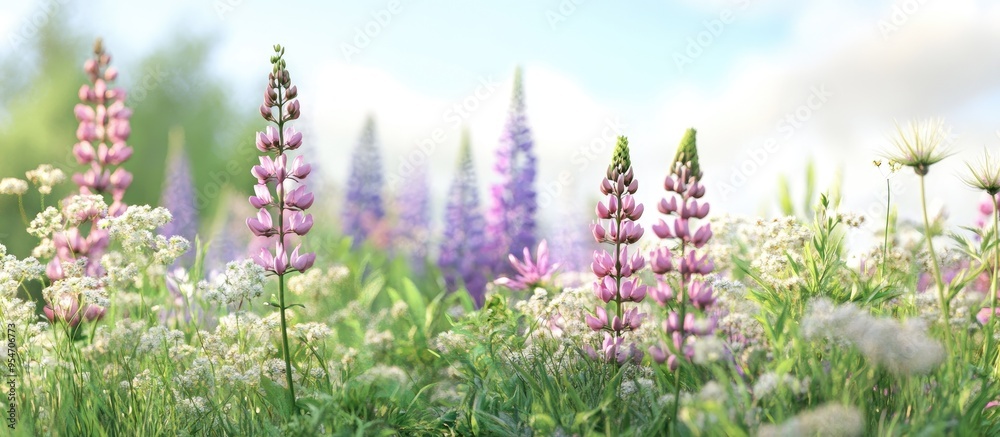 Obraz premium Purple and pink lupin and Queen Anne s lace blooms in a lovely meadow. with copy space image. Place for adding text or design