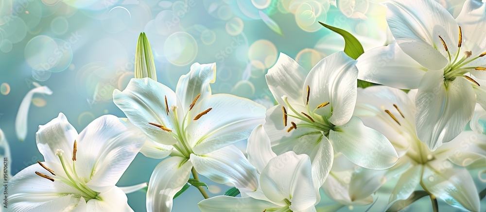 Obraz premium beautiful floral backdrop Card featuring white lilies Spring themed background. with copy space image. Place for adding text or design