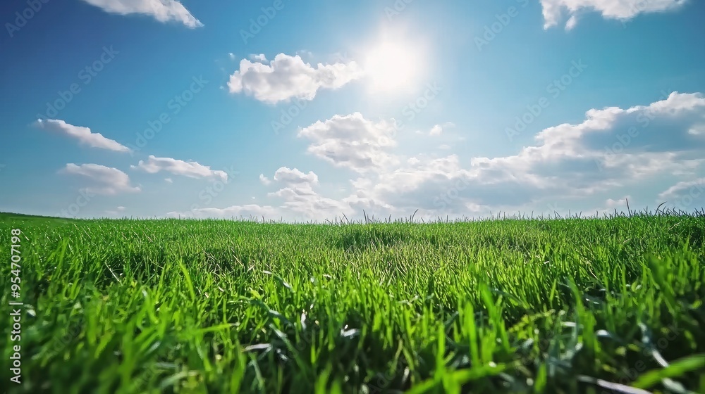 Beautiful natural scenic panorama green field of cut grass into and blue sky with clouds on horizon. Perfect green lawn on summer sunny day with generative ai Beautiful natural scenic panorama green field of cut grass into and blue sky with clouds on horizon. Perfect green lawn on summer sunny day with generative ai