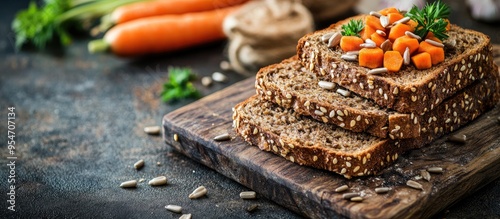 Sliced rye bread topped with vegetables carrots and sunflower seeds on a cutting board Rustic style Selective focus and copyspace