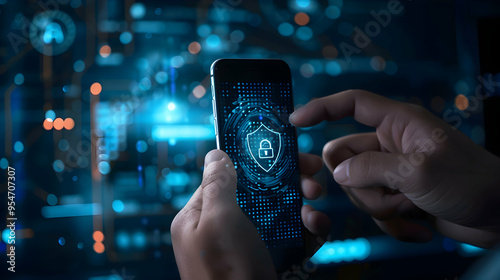 Cybersecurity and privacy to protect data. Businessman use smartphone with cyber security technology for protecting personal data and secure internet access.