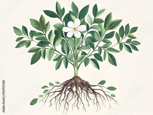 Detailed Botanical of a Flourishing Plant with Roots,Stems,Leaves,and Flowers