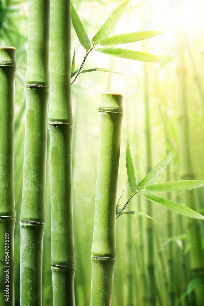 Obraz premium Green Bamboo Stalks in a Tranquil Forest Bathed in Warm, Bright Sunlight, Nature Background.