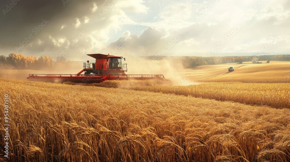 Fototapeta premium A harvester working in a golden wheat field during sunset with dramatic clouds, capturing the essence of agriculture and farmland.