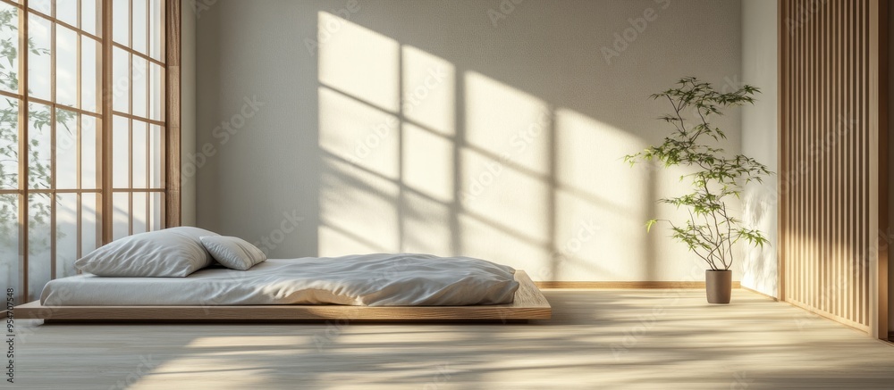 Obraz premium A minimal bedroom interior featuring just a single bed and a ray of light streaming in The floor is wooden and the bed is low reflecting a Japanese style. with copy space image