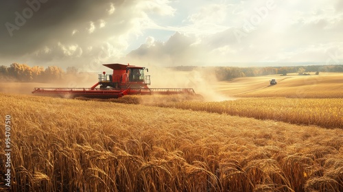 A harvester working in a golden wheat field during sunset with dramatic clouds, capturing the essence of agriculture and farmland.