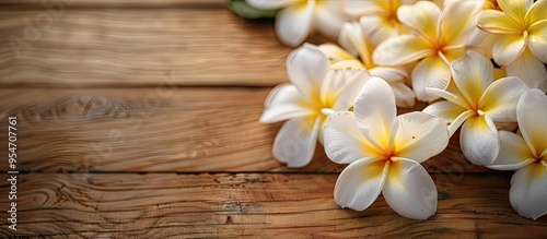 White and yellow plumeria flowers on aged wooden flooring Frangipani flowers Temple Tree Graveyard Tree Leelawadee flowers White flowers Copy space