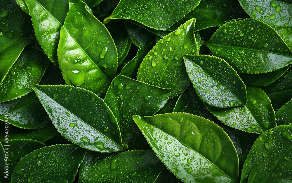 Visualize a closeup of tea leaves with rich detail, emphasizing their intricate veins, texture, and natural beauty