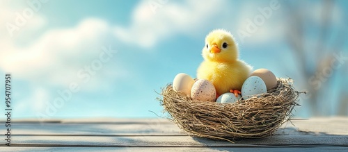 Children s Easter backdrop A bird s nest with small eggs and a toy yellow chick on a board under the blue sky Copy space Area for text Front view photo