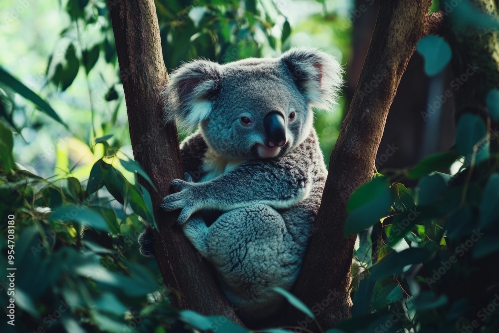 Fototapeta premium A cute koala sits comfortably in a lush green tree. Its fur is soft and fluffy, blending perfectly with the foliage. This image captures wildlife in a serene setting. Generative AI