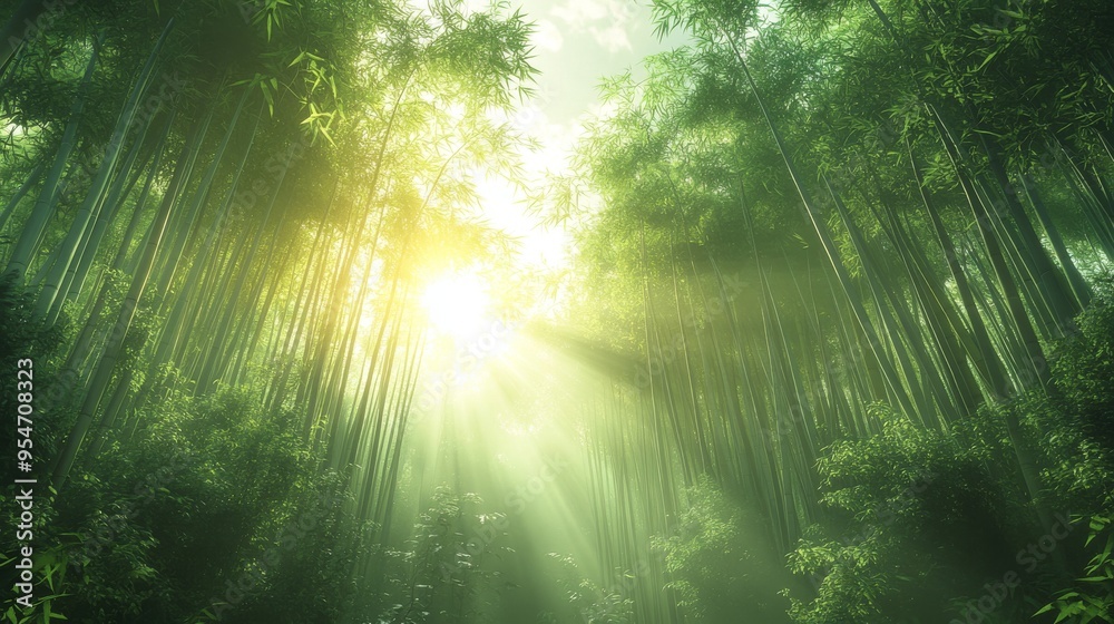 Obraz premium Sunbeams Illuminating a Dense Bamboo Forest