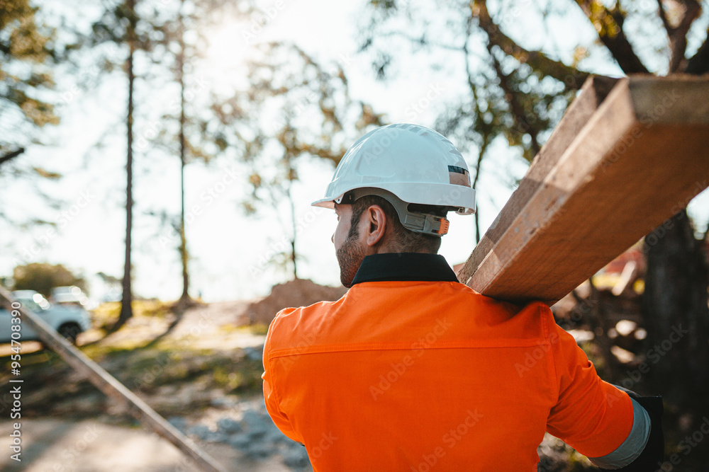 A man carrying a piece of lumber on his shoulder at a construction site A man carrying a piece of lumber on his shoulder at a construction site