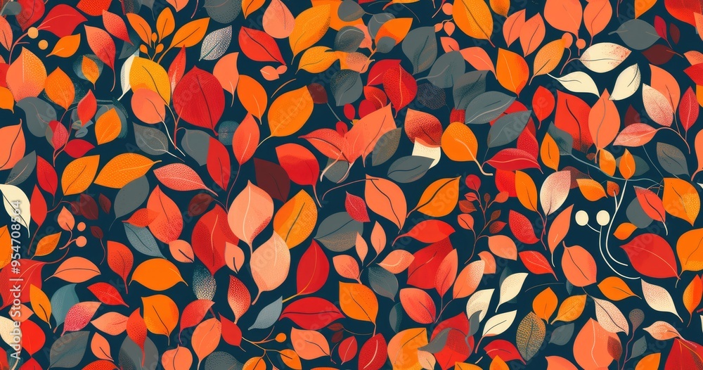 A vibrant pattern of colorful leaves in shades of red, orange, and cream against a dark background, ideal for autumn-themed designs. A vibrant pattern of colorful leaves in shades of red, orange, and cream against a dark background, ideal for autumn-themed designs.