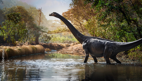 A photorealistic depiction of a Diplodocus drinking from a river in a lush, prehistoric swamp.