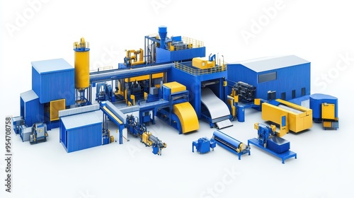 The assembly line features multiple production stages with machinery in a vibrant industrial setting designed for efficiency