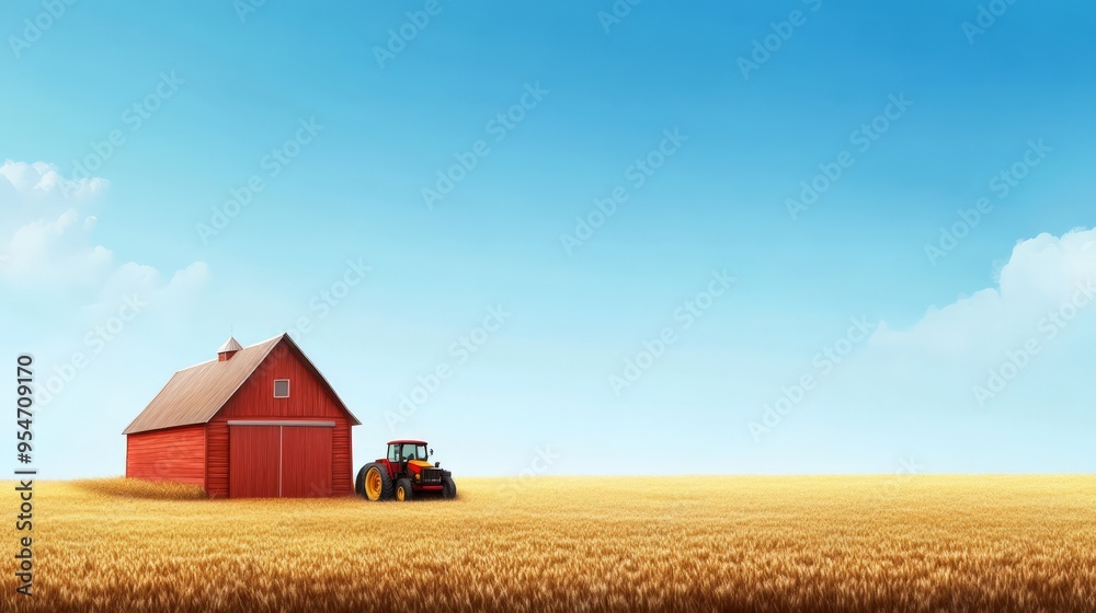 A red barn and tractor in a vast golden wheat field under a clear blue sky. Ideal for themes of agriculture and rural landscapes. A red barn and tractor in a vast golden wheat field under a clear blue sky. Ideal for themes of agriculture and rural landscapes.