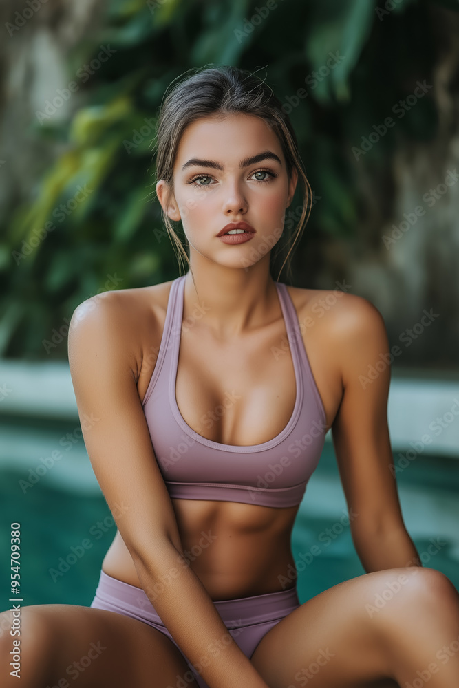 Young woman in a pink bikini enjoying summer vacation by the poolside Young woman in a pink bikini enjoying summer vacation by the poolside