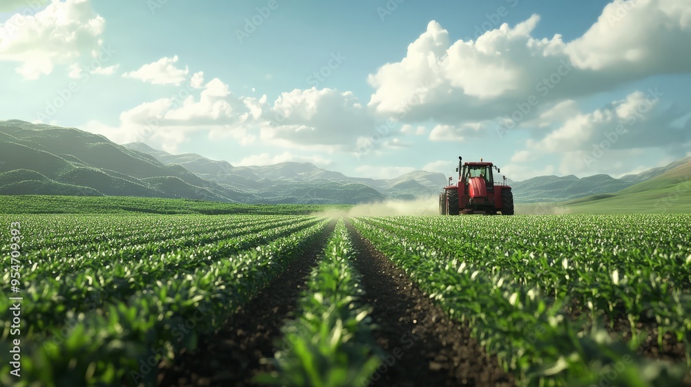 A red tractor plowing a green field under a blue sky with clouds, surrounded by mountain ranges in the distance. A red tractor plowing a green field under a blue sky with clouds, surrounded by mountain ranges in the distance.