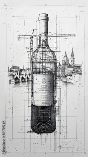 a minimalist black ink sketch of a grand construction project where a skyscraper is shaped like a classic wine bottle. Surround the bottle with scaffolding and a crane, emphasizing the scale and compl photo