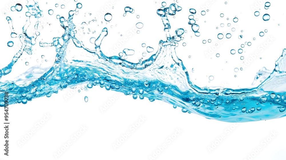 Blue Water Splash with Air Bubbles on White Background