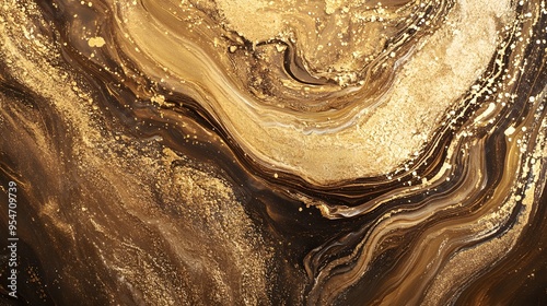 Abstract gold and brown marble texture with glittering particles.