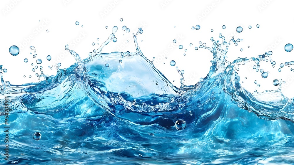 Blue Water Splash with Air Bubbles on White Background Blue Water Splash with Air Bubbles on White Background