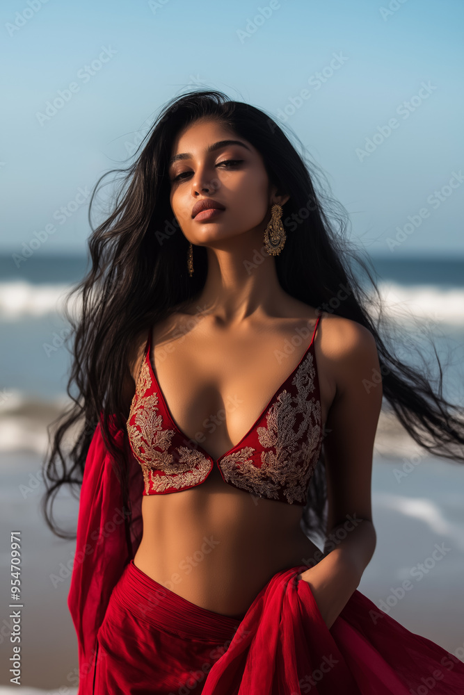 A woman of South Asian descent in traditional attire poses confidently at a beach, celebrating Diwali A woman of South Asian descent in traditional attire poses confidently at a beach, celebrating Diwali