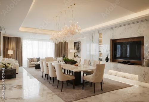 Photo interior design modern classic style of living and dining area with white marble and white