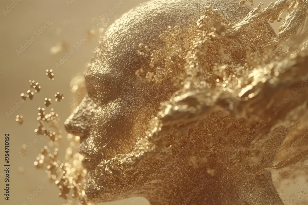 Cognitive biases Cognition Golden abstract face dissolving into particles symbolizing the ephemeral nature of human identity and consciousness in a digitalized world Cognitive biases Cognition Golden abstract face dissolving into particles symbolizing the ephemeral nature of human identity and consciousness in a digitalized world