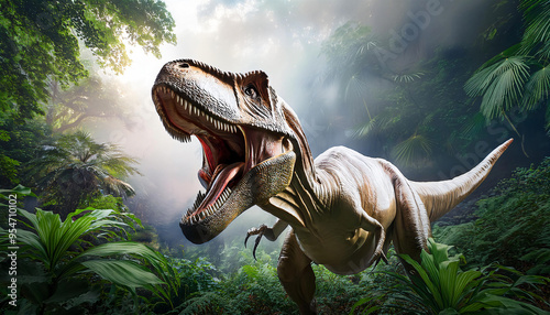 A photorealistic depiction of a Tyrannosaurus rex roaring in a lush prehistoric jungle.