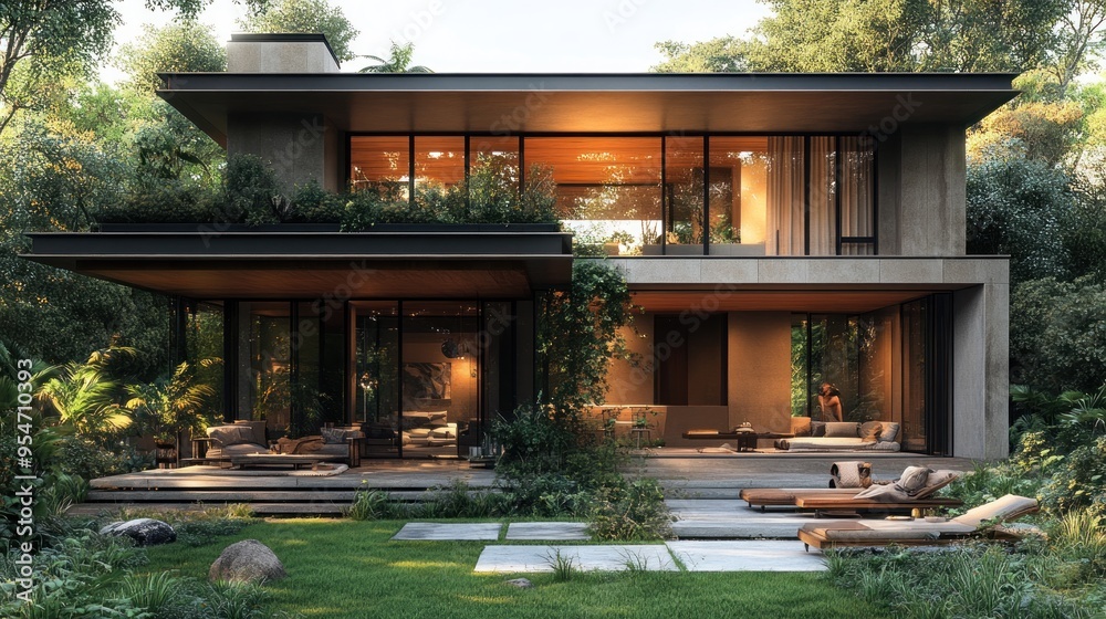 Modern house surrounded by lush greenery and outdoor lounging areas. Modern house surrounded by lush greenery and outdoor lounging areas.