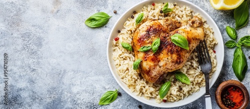 Cooked whole chicken and brown rice accompanied by salt pepper basil fried lemon knife and fork on a white textured background Top view flat lay Copy space