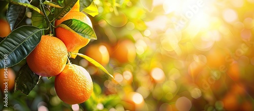 Fresh oranges hanging from branches in an orange grove sources of Vitamin C artificial lighting selective focus copy space