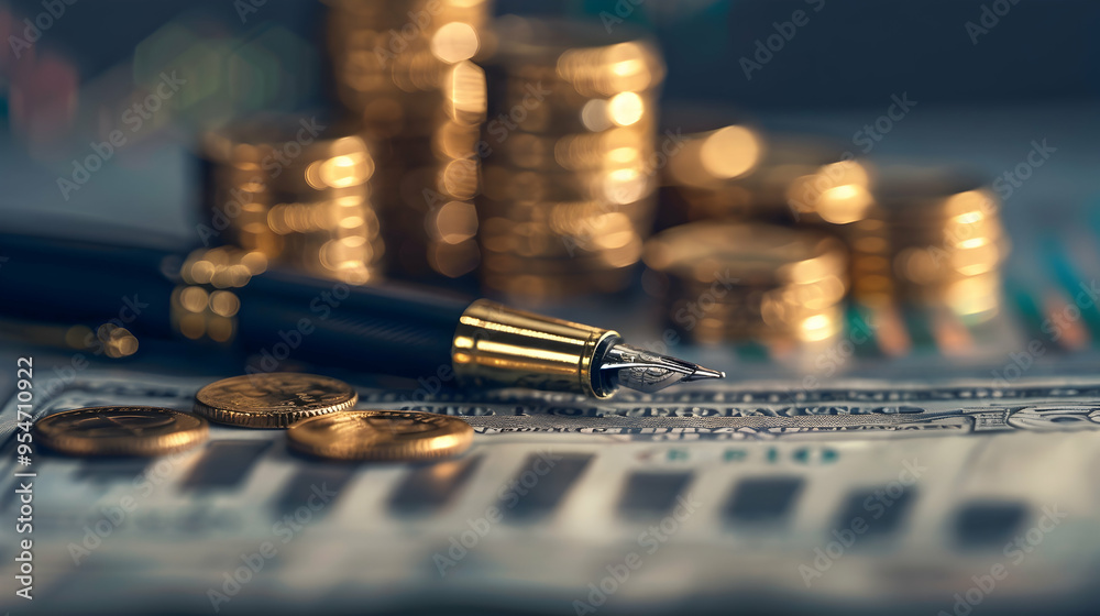 Economy and finance background with money coins , pen and stocks market graphs in blurry backdrop