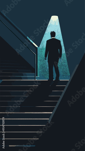 Businessman Walking Up Flashlight Staircase, Representing Spotlight Guiding Career Success and Talent Recruitment