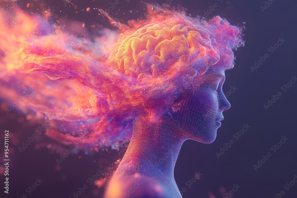 Cognitive dissonance Cognition Fiery female silhouette with vibrant colors representing the explosion of creativity and innovation emanating from the human mind Cognitive dissonance Cognition Fiery female silhouette with vibrant colors representing the explosion of creativity and innovation emanating from the human mind