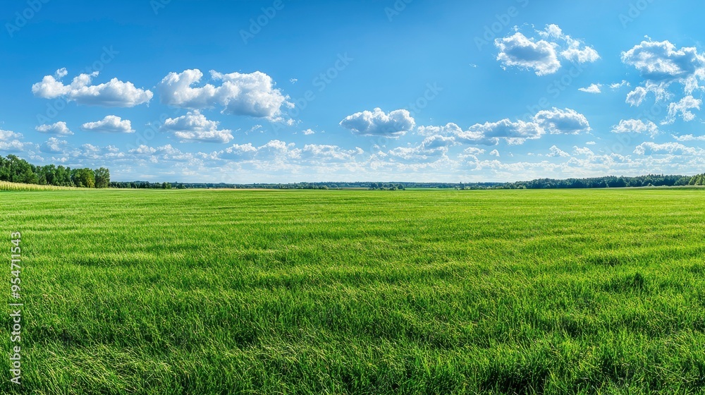 Beautiful natural scenic panorama green field of cut grass into and blue sky with clouds on horizon. Perfect green lawn on summer sunny day with generative ai Beautiful natural scenic panorama green field of cut grass into and blue sky with clouds on horizon. Perfect green lawn on summer sunny day with generative ai