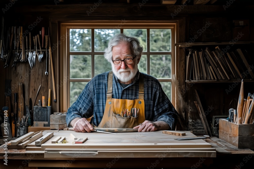 An elderly man with a white beard and glasses is seen meticulously working in his woodworking workshop. An elderly man with a white beard and glasses is seen meticulously working in his woodworking workshop.
