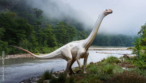 Fototapeta Naklejka Na Ścianę i Meble -  A photorealistic depiction of an Apatosaurus wandering through a misty, prehistoric river valley. 